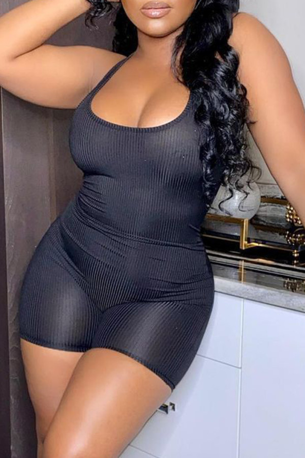 Black Sexy Casual Solid Vests U Neck Skinny Romper
