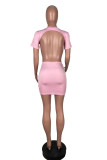 Pink Sexy Casual Solid Backless Half A Turtleneck Short Sleeve Dress