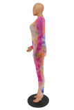 Fuchsia Fashion Casual Print Tie Dye Basic O Neck Long Sleeve Two Pieces