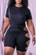 Black Casual Print Hollowed Out Asymmetrical O Neck Short Sleeve Two Pieces