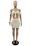 Beige Fashion Sexy Solid Bandage Backless Off the Shoulder Short Sleeve Two Pieces