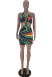 Multicolor Fashion Sexy Print Backless Halter Sleeveless Dress