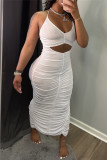 White Sexy Solid Hollowed Out Backless Slit Fold Halter Sleeveless Dress