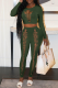 Army Green Sexy Solid Ripped O Neck Long Sleeve Two Pieces