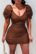 Brown Fashion Sexy Solid Fold V Neck Short Sleeve Dress
