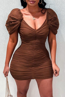 Brown Fashion Sexy Solid Fold V Neck Short Sleeve Dress