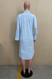 Light Blue Fashion Casual Solid Slit Turndown Collar Tops