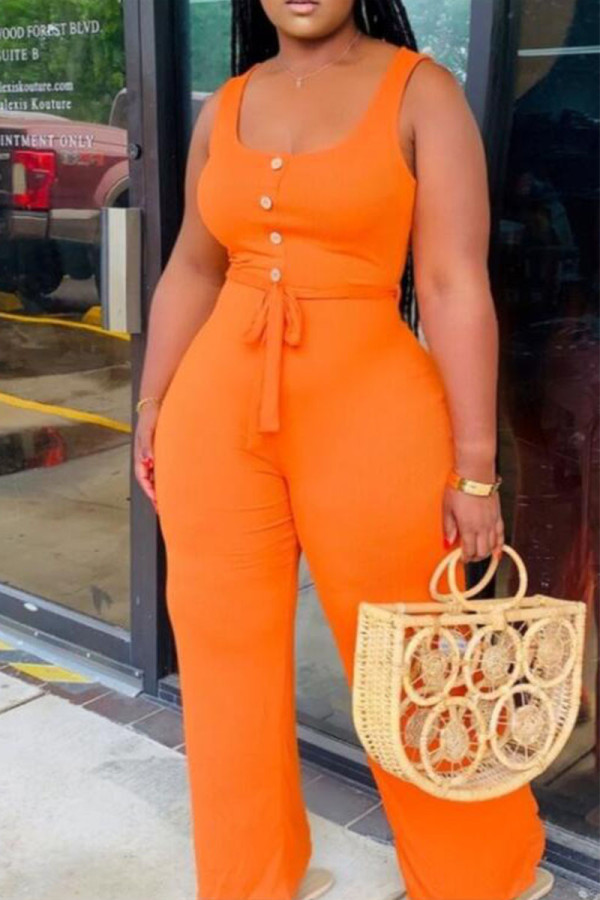 Tangerine Casual Solid Bandage Patchwork Buttons U Neck Straight Jumpsuits