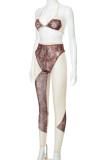 Apricot Sexy Print Patchwork Frenulum See-through Backless Halter Skinny Jumpsuits（Without Chains）