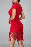 Red Fashion Casual Solid Tassel O Neck Short Sleeve Two Pieces