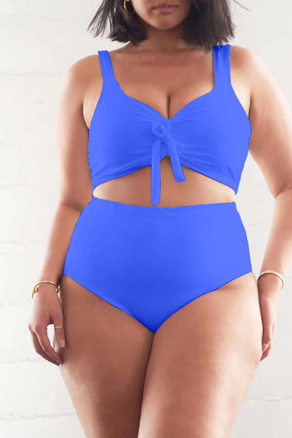 Blue Casual Solid Frenulum Fold Swimwears