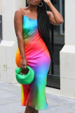 Multi-color Sexy Print Patchwork Spaghetti Strap Trumpet Mermaid Dresses