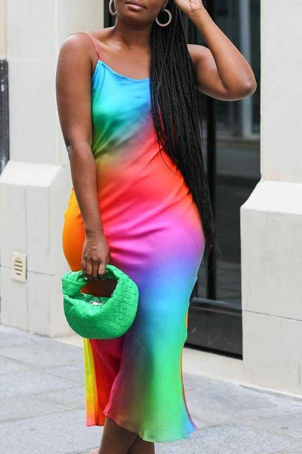 Multi-color Sexy Print Patchwork Spaghetti Strap Trumpet Mermaid Dresses