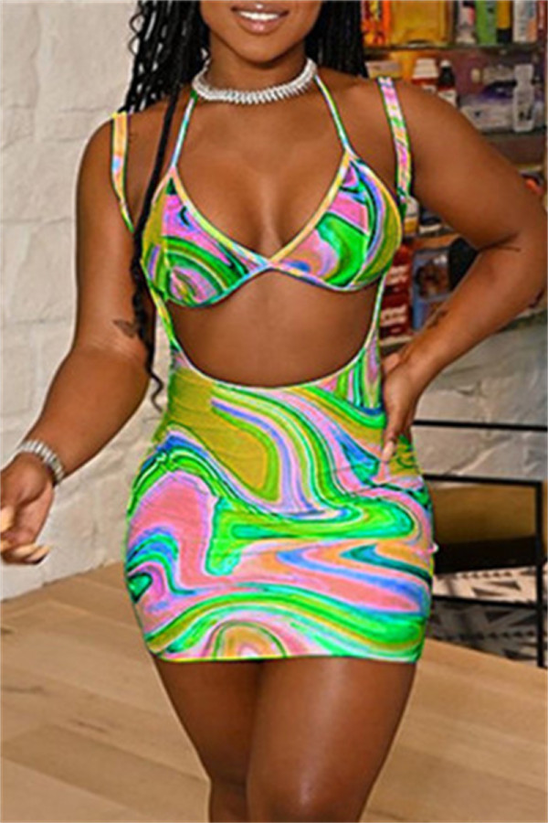 Green Fashion Sexy Print Hollowed Out Spaghetti Strap Sleeveless Two Pieces
