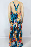 Blue Yellow Sexy Print Patchwork Spaghetti Strap Printed Dress Dresses