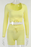 Yellow Casual Solid Patchwork Frenulum V Neck Long Sleeve Two Pieces
