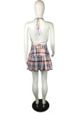 Multicolor Fashion Sexy Plaid Print Backless Strap Design Halter Sleeveless Two Pieces