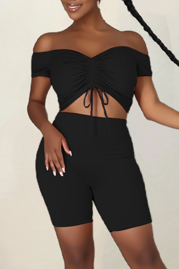Black Fashion Sexy Solid Bandage Backless Off the Shoulder Short Sleeve Two Pieces