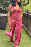 Rose Red Sexy Casual Tie Dye Printing Spaghetti Strap Regular Jumpsuits