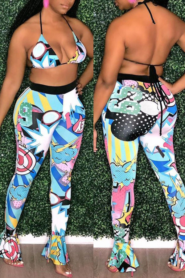 Blue Fashion Sexy Print Bandage Backless Halter Sleeveless Two Pieces