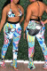 Blue Fashion Sexy Print Bandage Backless Halter Sleeveless Two Pieces