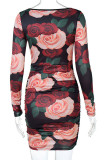 Red Green Elegant Print Make Old Fold Square Collar Pencil Skirt Dresses