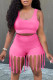 Rose Red Fashion Casual Solid Tassel U Neck Sleeveless Two Pieces