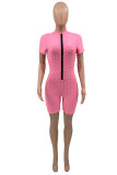 Pink Fashion Casual Solid Basic Zipper Collar Regular Romper