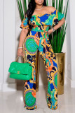 Green Fashion Casual Print Backless Off the Shoulder Regular Jumpsuits