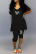Black Fashion Casual Letter Print Slit V Neck Short Sleeve Two Pieces