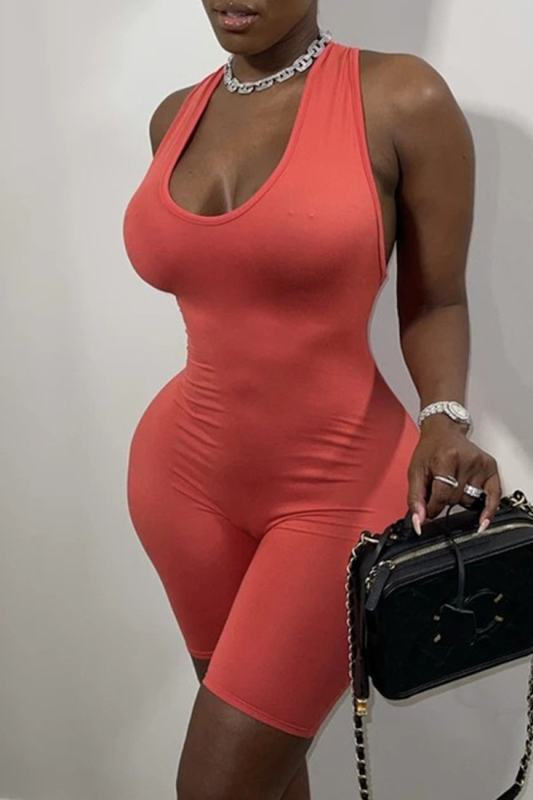 Tangerine Red Sexy Solid Patchwork U Neck Skinny Rompers