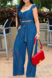 Blue Fashion Casual Solid Backless O Neck Sleeveless Two Pieces
