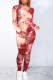 Rust Red Casual Print Tie Dye Patchwork V Neck Long Sleeve Two Pieces