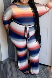 Red Casual Striped Split Joint O Neck Plus Size Two Pieces