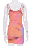 Pink Sexy Print Ripped Hollowed Out Patchwork Backless Spaghetti Strap Sling Dress Dresses