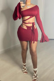Green Fashion Sexy Solid Bandage Hollowed Out Oblique Collar Long Sleeve Two Pieces