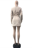 Khaki Fashion Casual Solid Draw String O Neck Long Sleeve Two Pieces