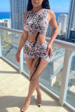 Black And White Sexy Print Patchwork O Neck Sleeveless Two Pieces