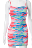 Pink Sexy Print Backless Spaghetti Strap Pencil Skirt Dresses