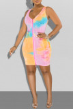 Pink Fashion Sexy Tie Dye Printing V Neck Vest Dress