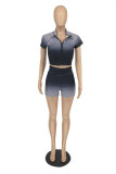 Black Fashion Casual Gradual Change Print Basic Zipper Collar Short Sleeve Two Pieces