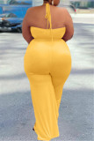 Yellow Sexy Casual Solid Backless Without Belt Halter Plus Size Jumpsuits