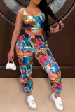 Multicolor Sexy Print Split Joint U Neck Sleeveless Two Pieces