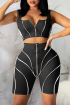 Black Sexy Solid Zipper Collar Sleeveless Two Pieces