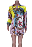 Colour Casual Print Patchwork Turndown Collar Shirt Dress Dresses