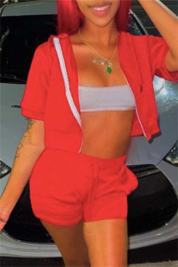 Red Fashion Casual Solid Cardigan Short Sleeve Two Pieces (Without Vest)