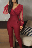 Black Sexy Solid Mesh V Neck Skinny Jumpsuits