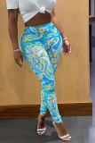 Green Sexy Print Mesh Skinny High Waist Pencil Full Print Bottoms
