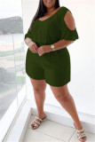 Army Green Fashion Casual Solid Basic V Neck Plus Size Romper