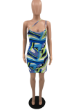 Blue Sexy Print Hollowed Out Spaghetti Strap Pencil Skirt Dresses